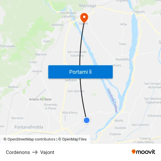 Cordenons to Vajont map