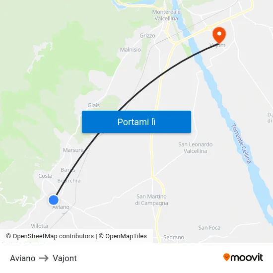 Aviano to Vajont map