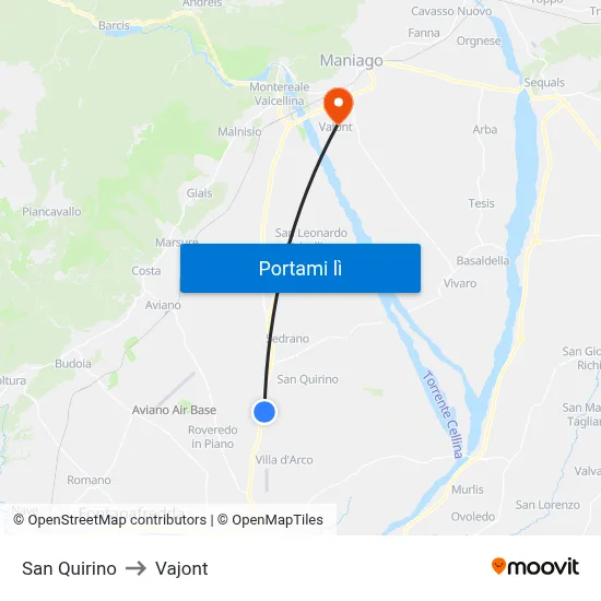 San Quirino to Vajont map