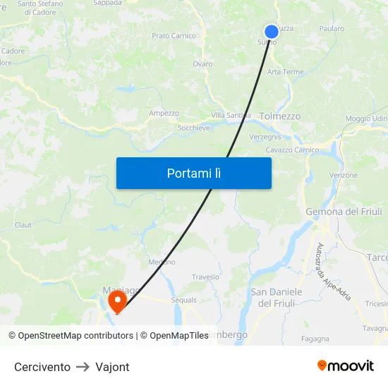 Cercivento to Vajont map