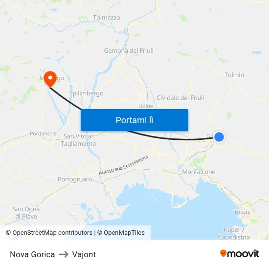 Nova Gorica to Vajont map