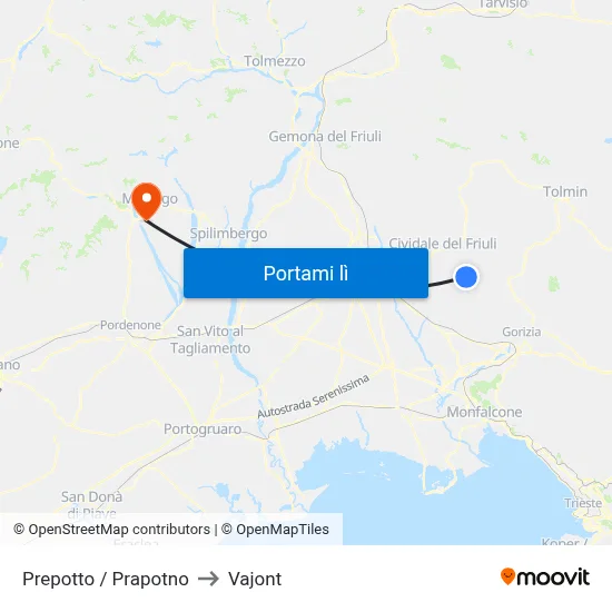 Prepotto / Prapotno to Vajont map