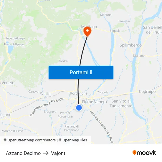 Azzano Decimo to Vajont map