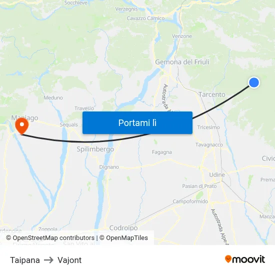 Taipana to Vajont map