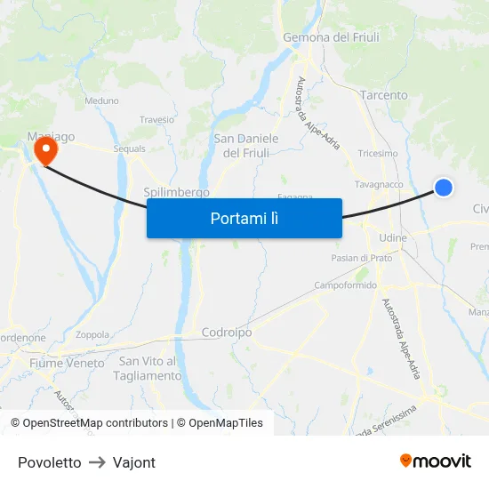 Povoletto to Vajont map
