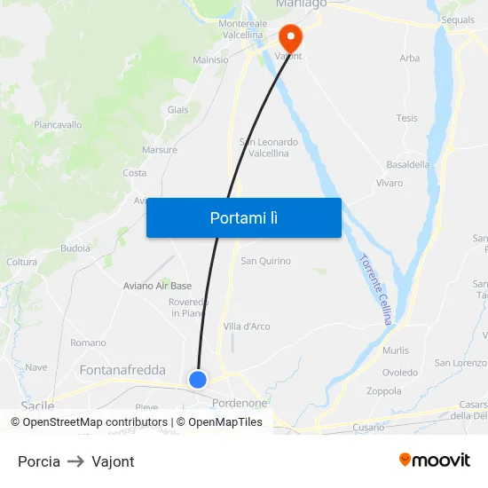 Porcia to Vajont map
