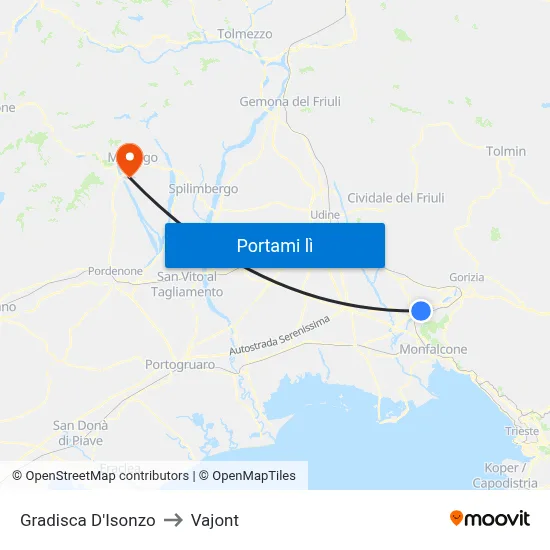 Gradisca D'Isonzo to Vajont map