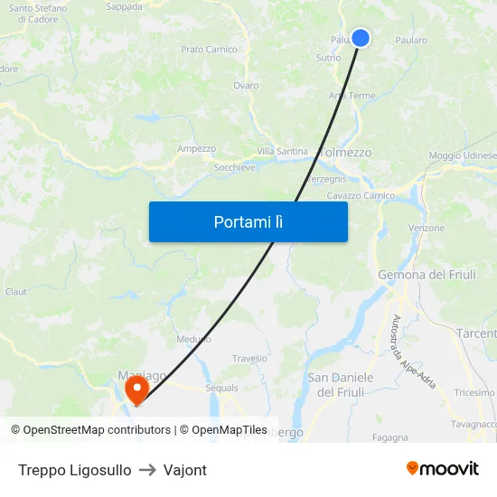 Treppo Ligosullo to Vajont map