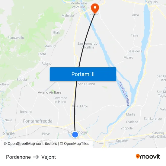 Pordenone to Vajont map