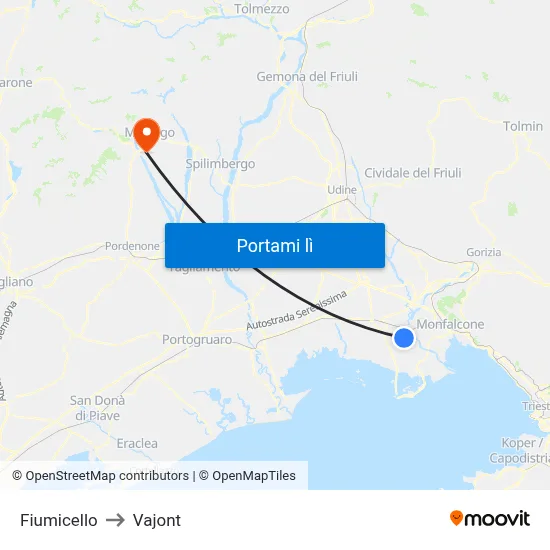 Fiumicello to Vajont map