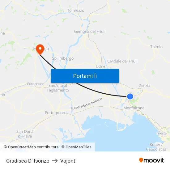 Gradisca D' Isonzo to Vajont map