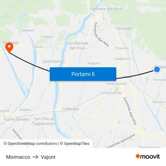 Moimacco to Vajont map