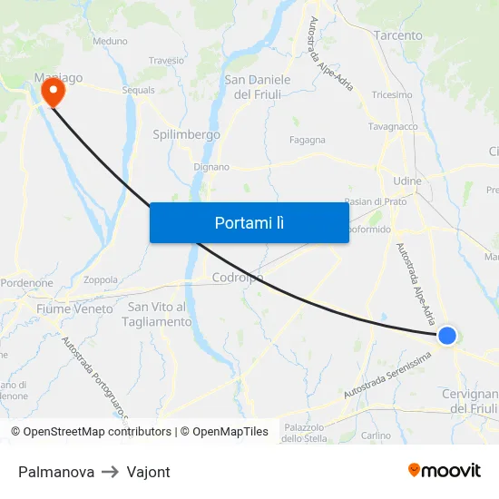 Palmanova to Vajont map
