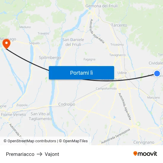 Premariacco to Vajont map