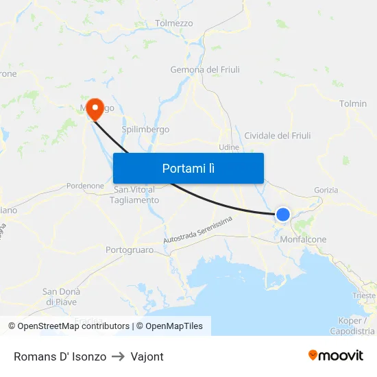 Romans D' Isonzo to Vajont map