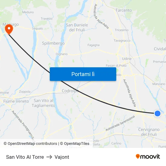 San Vito Al Torre to Vajont map