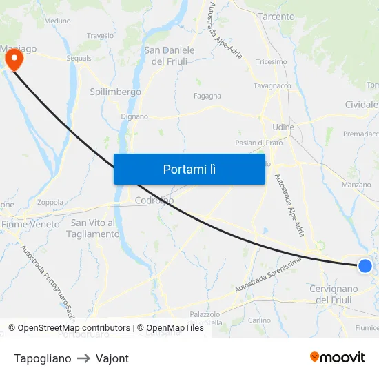 Tapogliano to Vajont map