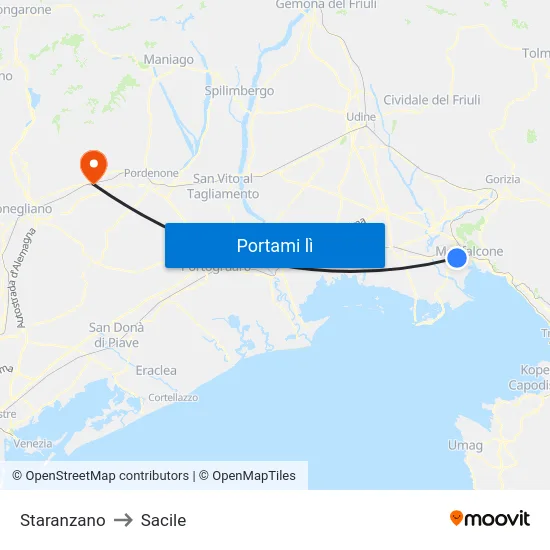 Staranzano to Sacile map