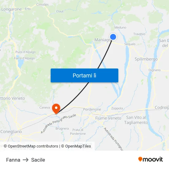 Fanna to Sacile map