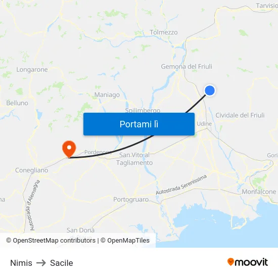 Nimis to Sacile map
