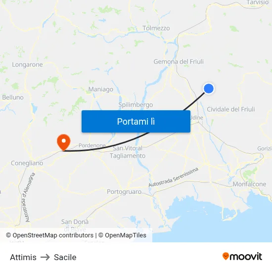 Attimis to Sacile map