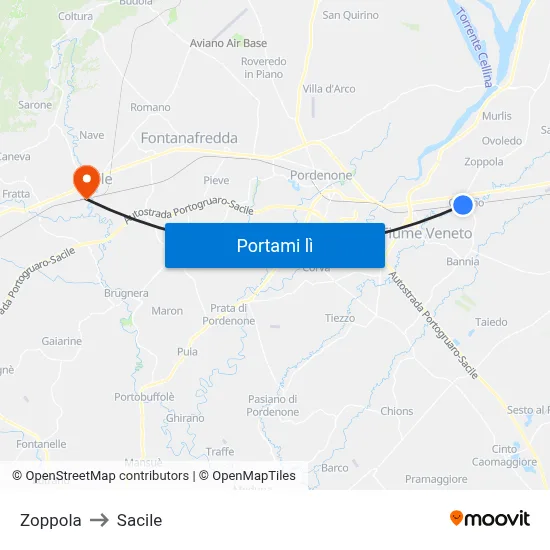 Zoppola to Sacile map