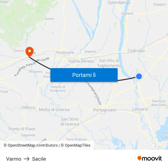 Varmo to Sacile map