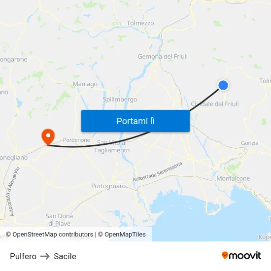 Pulfero to Sacile map