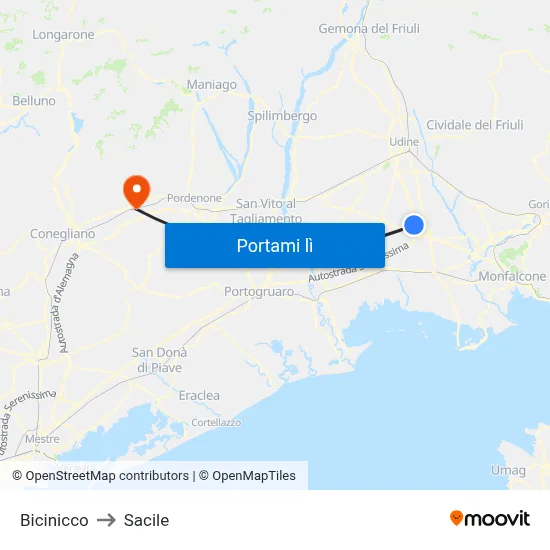 Bicinicco to Sacile map
