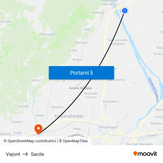 Vajont to Sacile map