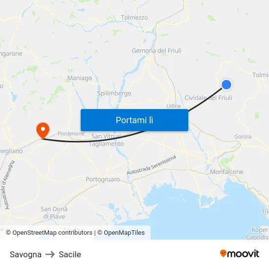 Savogna to Sacile map