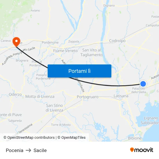 Pocenia to Sacile map