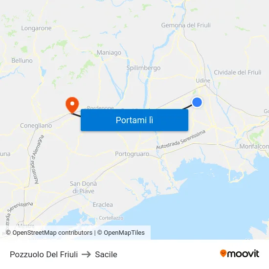 Pozzuolo Del Friuli to Sacile map