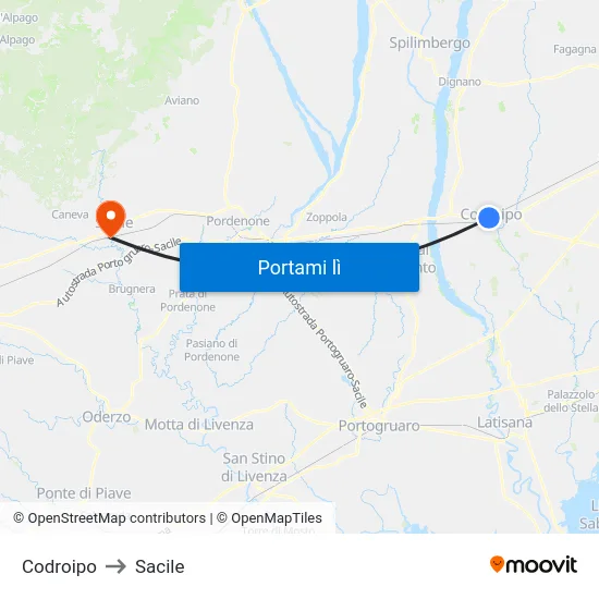 Codroipo to Sacile map