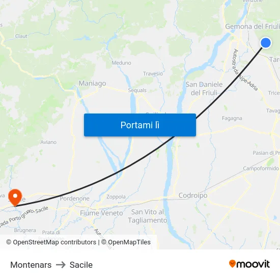 Montenars to Sacile map