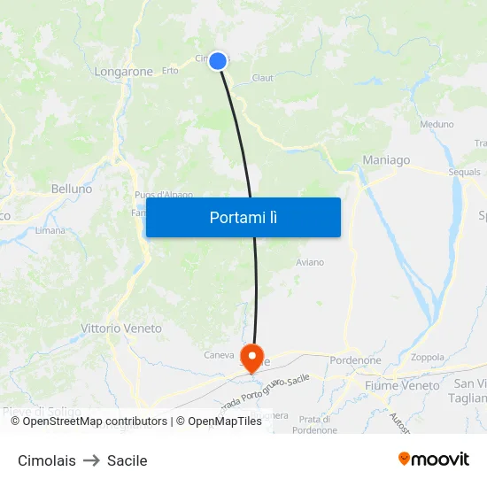 Cimolais to Sacile map