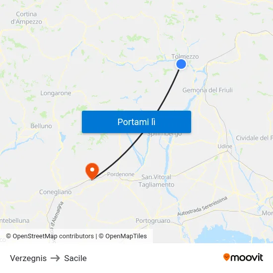 Verzegnis to Sacile map