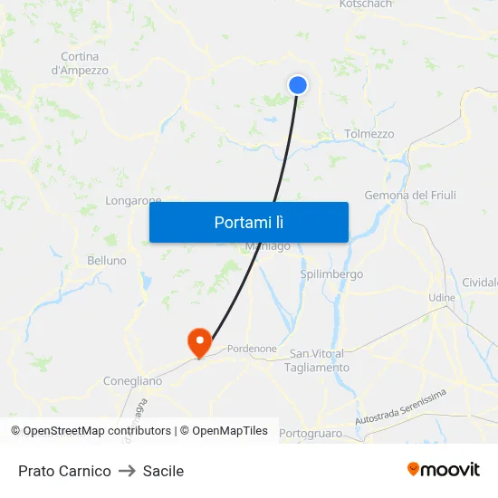Prato Carnico to Sacile map