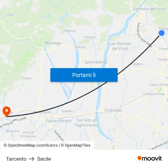 Tarcento to Sacile map