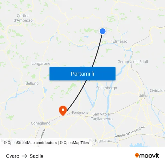 Ovaro to Sacile map