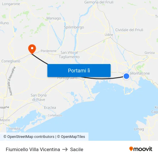 Fiumicello Villa Vicentina to Sacile map