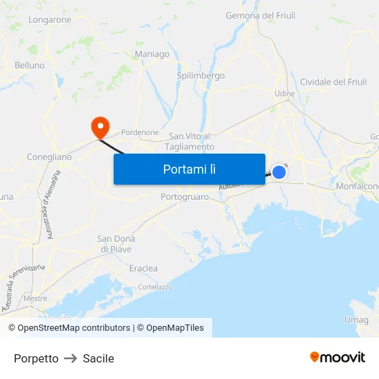 Porpetto to Sacile map