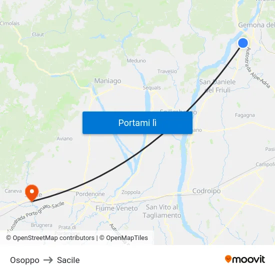 Osoppo to Sacile map