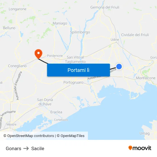 Gonars to Sacile map