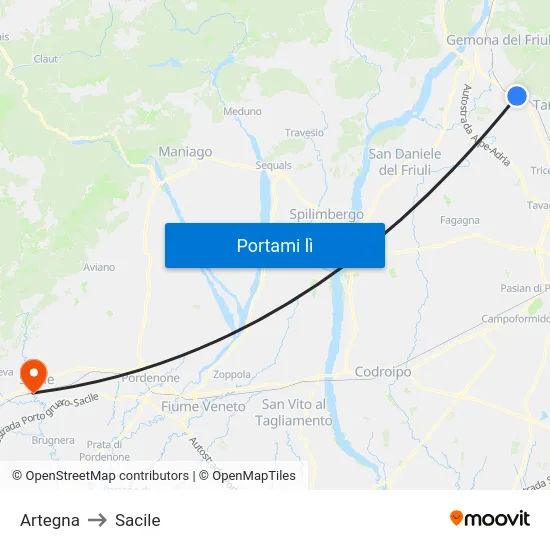 Artegna to Sacile map