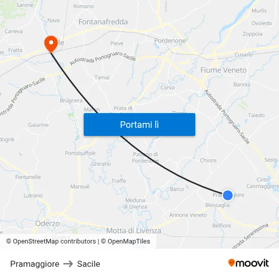 Pramaggiore to Sacile map