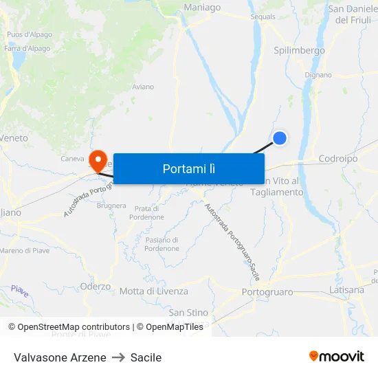 Valvasone Arzene to Sacile map