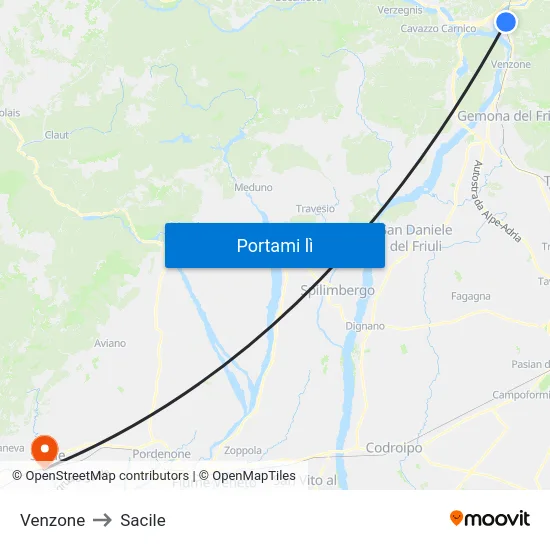 Venzone to Sacile map