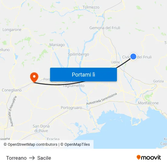 Torreano to Sacile map