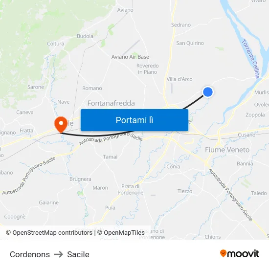 Cordenons to Sacile map